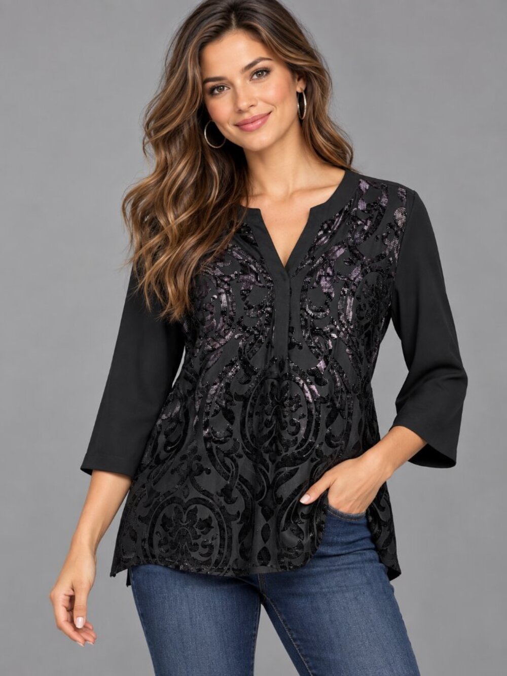 Chico’s Black Damask Button-Down Tunic Top Size 2/L – Metallic Scroll